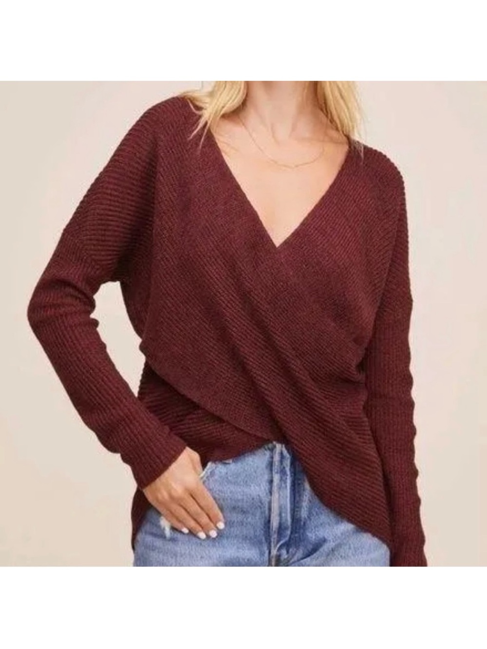 Astr Burgundy Wrap V-Neck Pullover Sweater